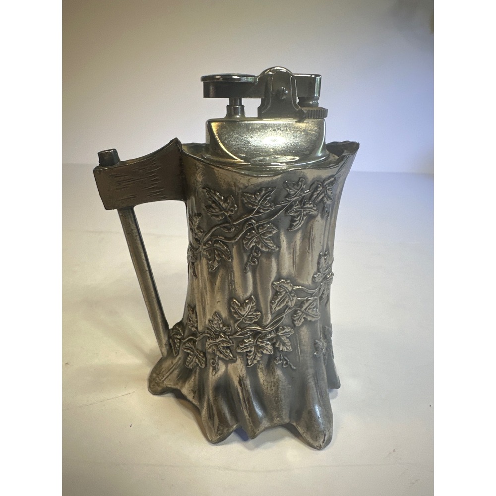 Vintage Silver Tone Tree Stump Axe Table Lighter Ivy Leaf Relief Woodland Decor